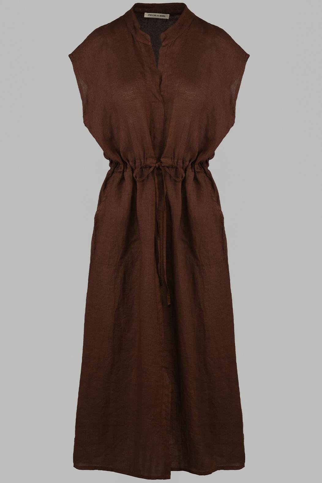 ČOKOLÁDOVĚ HNĚDÉ LNĚNÉ ŠATY S TKANIČKOU