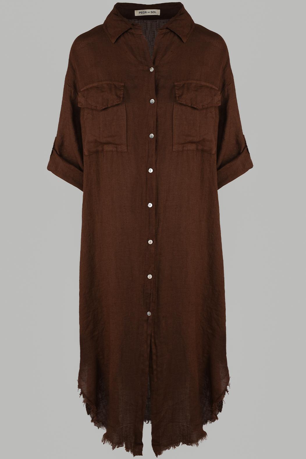ITALSKÉ KOŠILOVÉ LNĚNÉ ŠATY DLOUHÉ HNĚDÉ