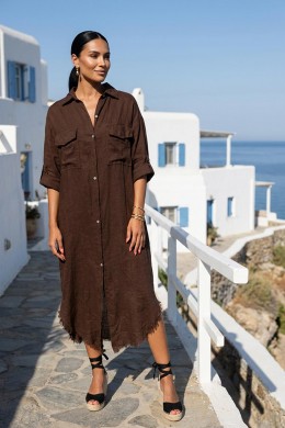 [PDS418] ITALSKÉ KOŠILOVÉ LNĚNÉ ŠATY DLOUHÉ HNĚDÉ