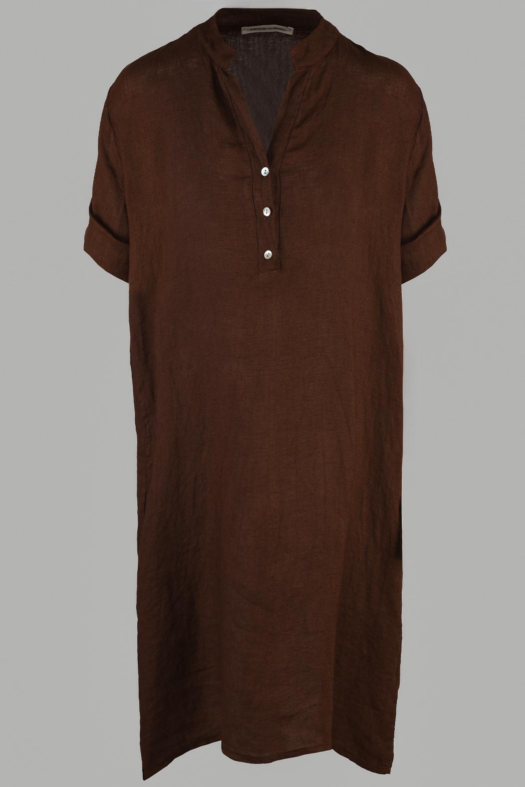 ITALSKÉ LNĚNÉ ŠATY S KRÁTKÝM RUKÁVEM ČOKOLÁDOVÉ