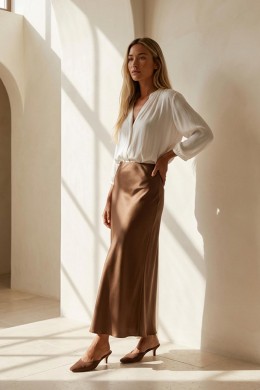 [PDS452] SATÉNOVÁ DLOUHÁ SUKNĚ SVĚTLE HNĚDÁ