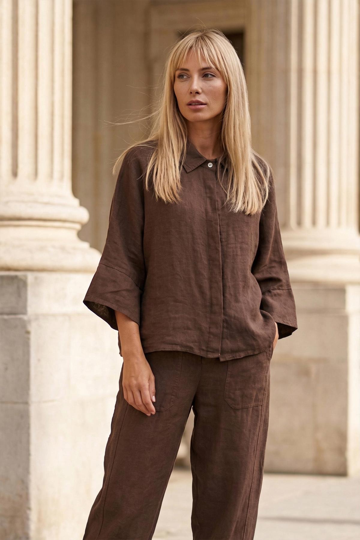 LNĚNÁ DÁMSKÁ KOŠILOVÁ HALENKA  Chocolate