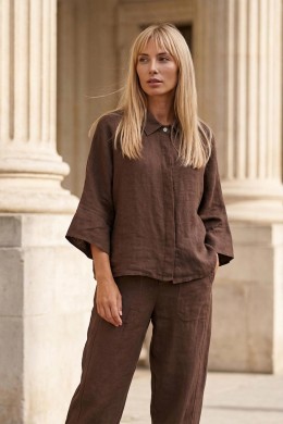 [PDS477] LNĚNÁ DÁMSKÁ KOŠILOVÁ HALENKA  Chocolate