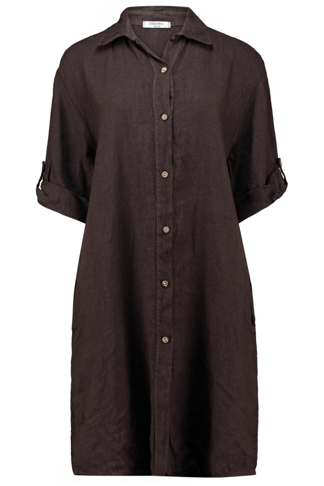 KOŠILOVÉ LNĚNÉ ŠATY S KAPSAMI HNĚDÉ