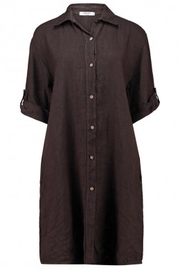 [ZAB136] KOŠILOVÉ LNĚNÉ ŠATY S KAPSAMI HNĚDÉ