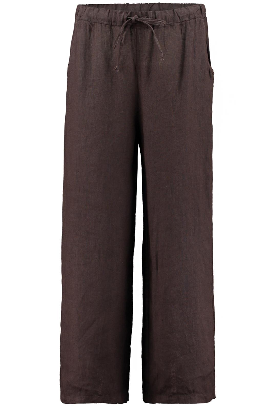ŠIROKÉ LNĚNÉ KALHOTY S VYSOKÝM PASEM HNĚDÉ