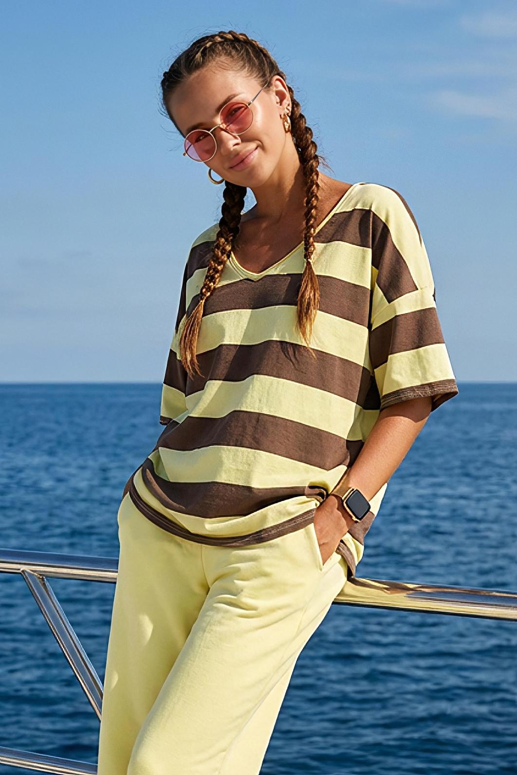 PRUHOVANÉ TRIČKO DÁMSKÉ ŽLUTO-HNĚDÉ