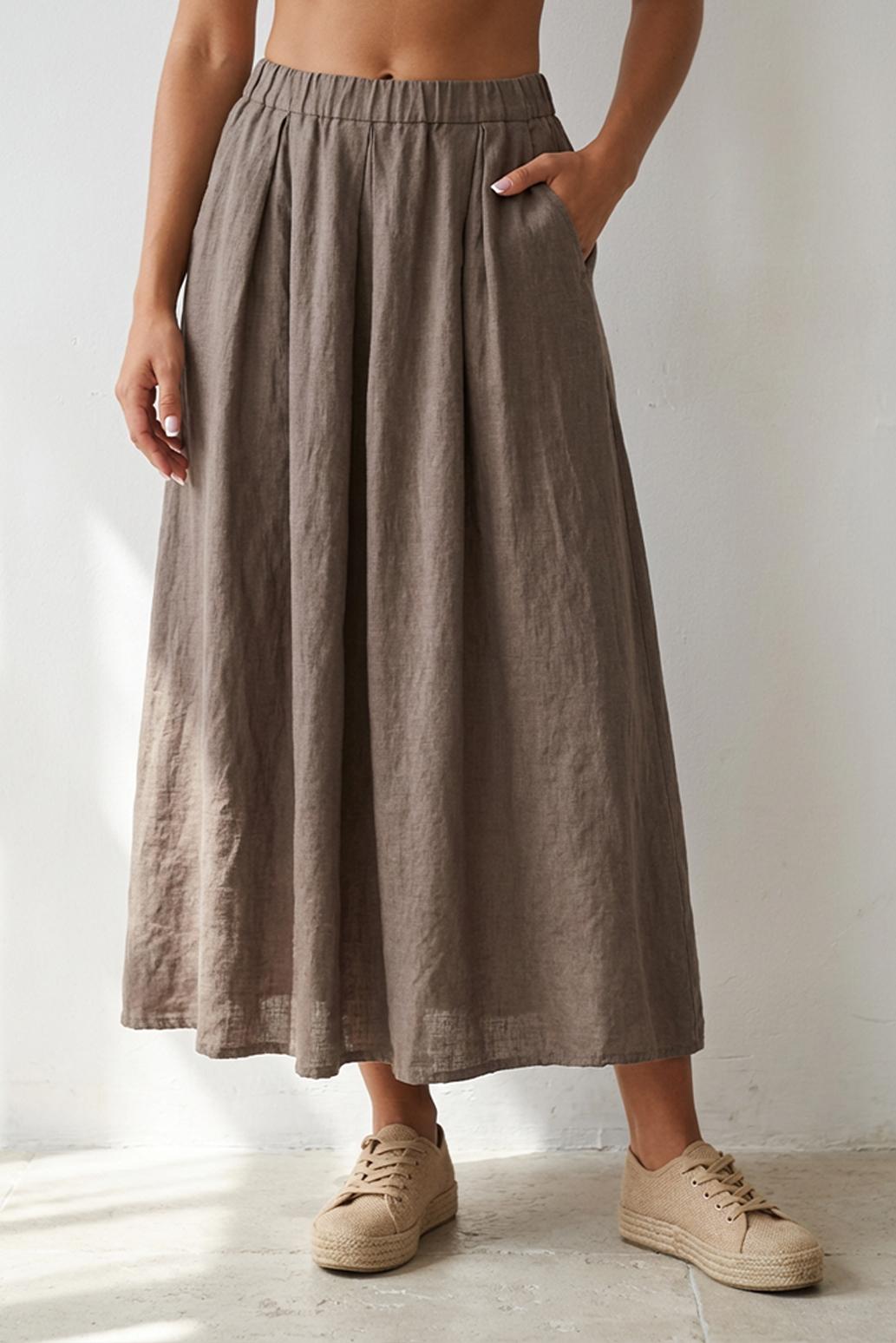 TAUPE LNĚNÁ SUKNĚ S KAPSAMI