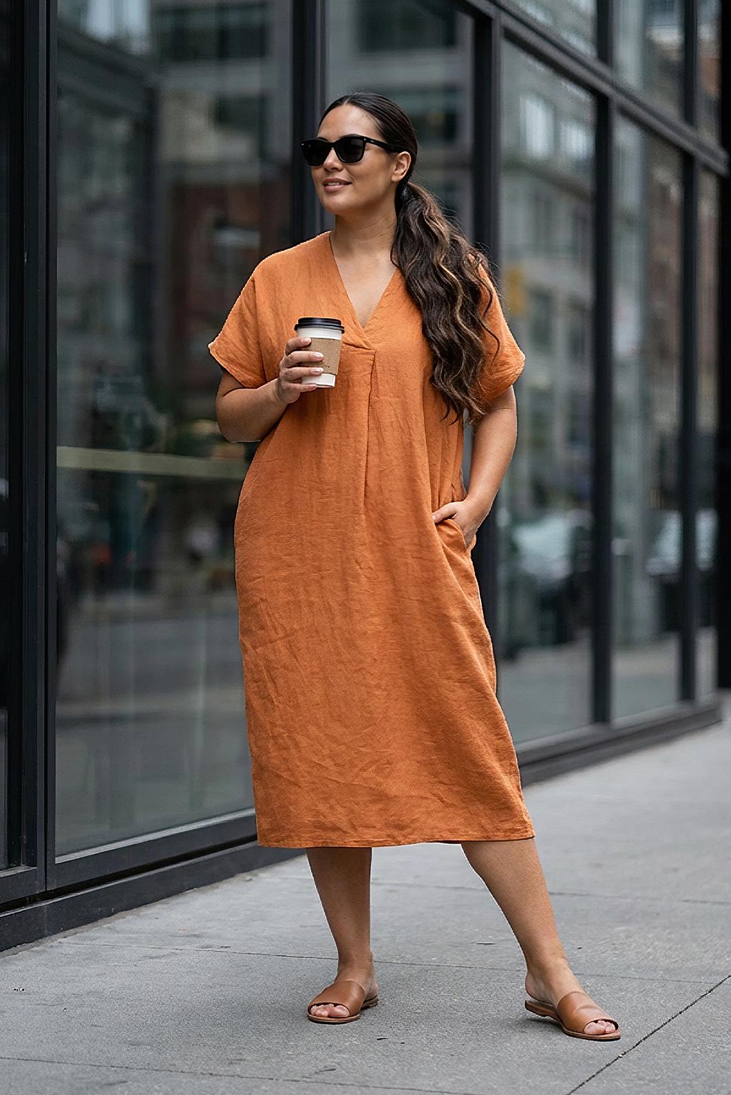 ORANŽOVÉ LETNÍ LNĚNÉ MAXI ŠATY  Terracotta