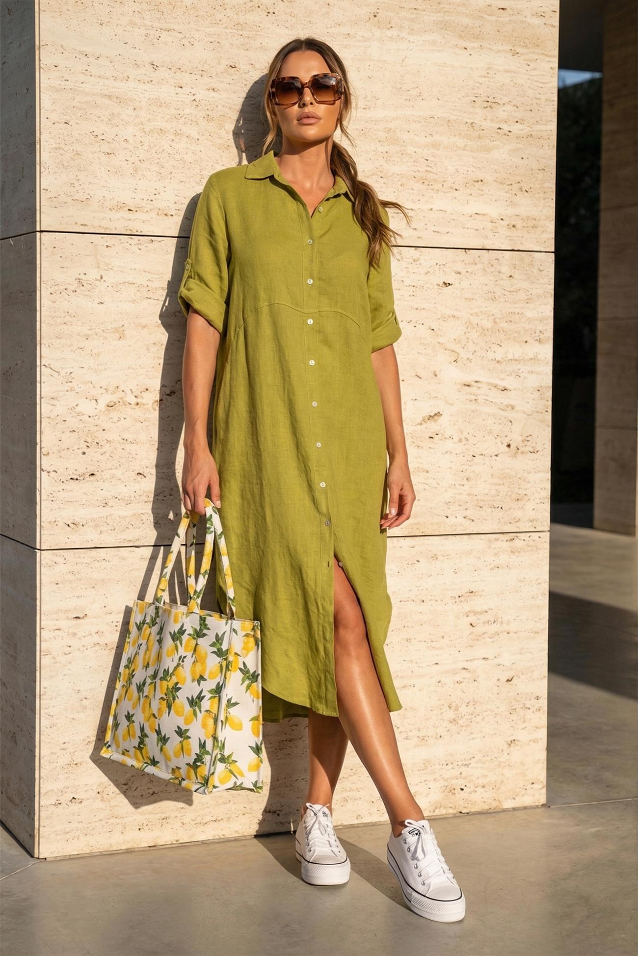 ZELENÉ LNĚNÉ KOŠILOVÉ ŠATY DLOUHÉ  Olive