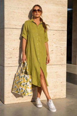 [PDS548] ZELENÉ LNĚNÉ KOŠILOVÉ ŠATY DLOUHÉ  Olive