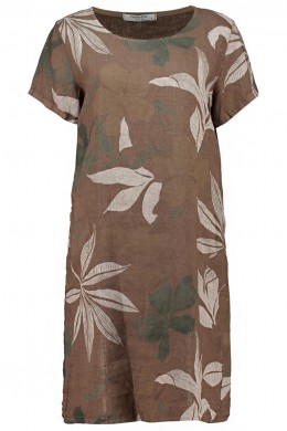 [ZAB144] HNĚDÉ LNĚNÉ LETNÍ ŠATY S LISTY