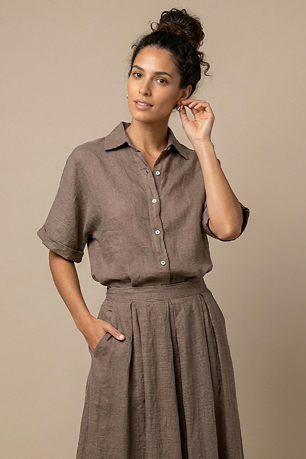 LNĚNÁ KOŠILE S KRÁTKÝM RUKÁVEM  Taupe