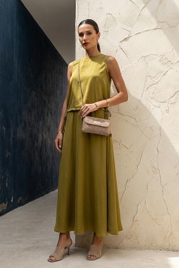 [VRM886] DLOUHÁ SATÉNOVÁ SUKNĚ OLIVOVĚ ZLATÁ